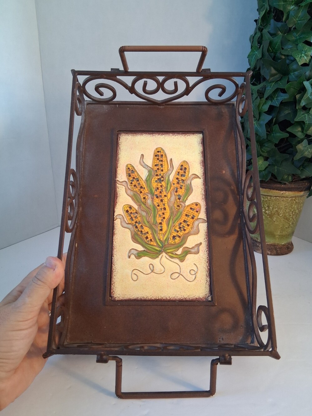 VTG 80's/90's Solid Wrought Iron Serving Tray w/ Ceramic Tile Insert Fall/Autumn